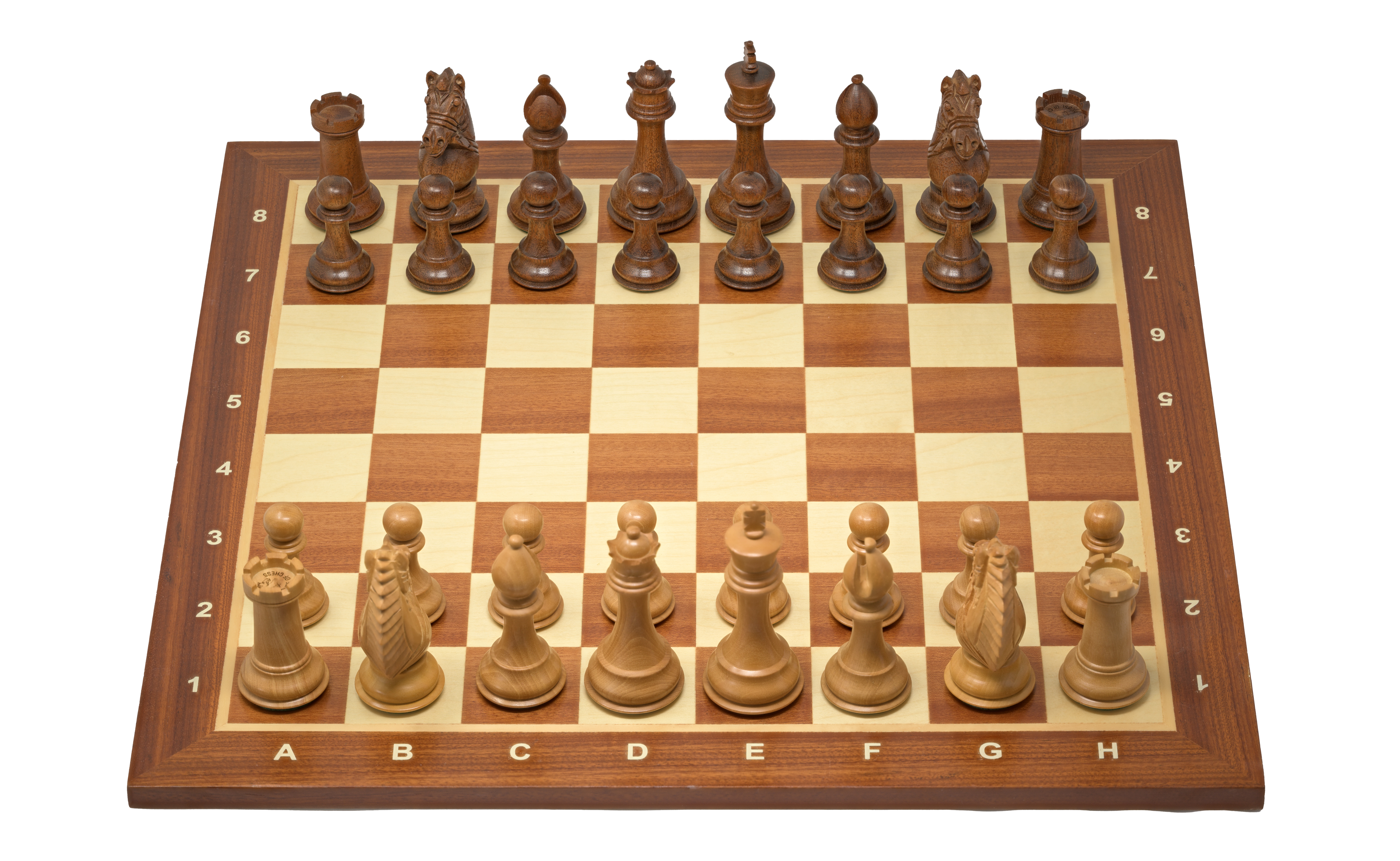 A wooden Staunton chess set with pieces arranged on a board