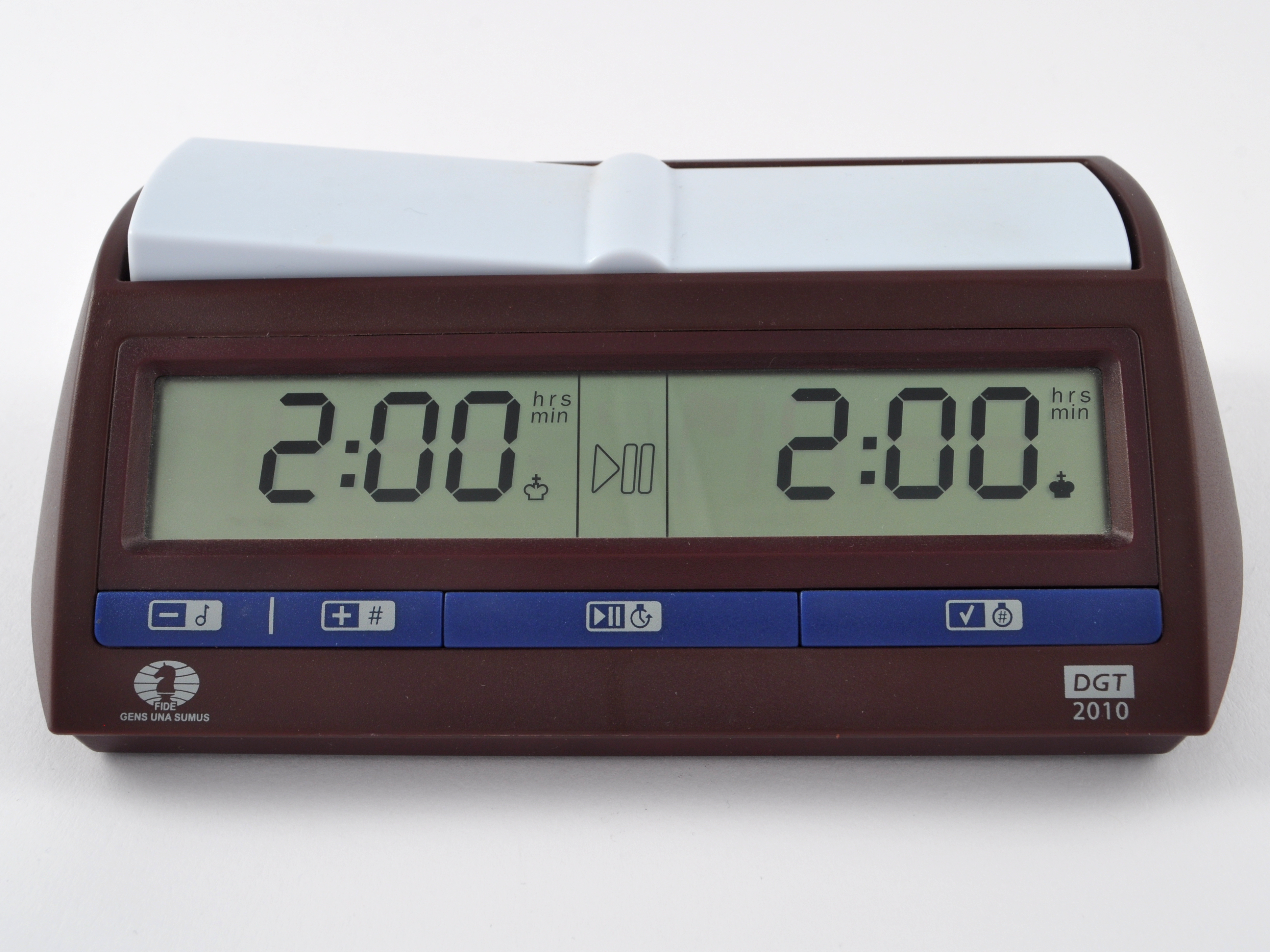 A DGT chess clock showing time remaining during a tournament game