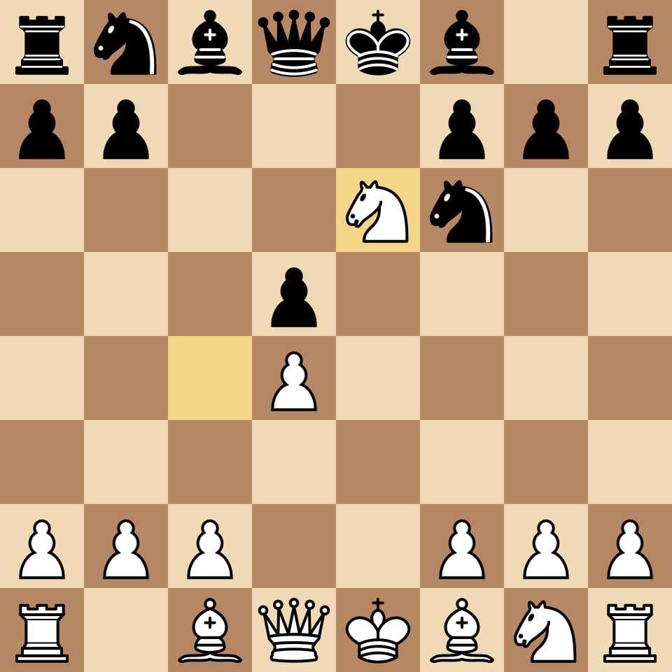 Position from Deep Blue vs Kasparov 1997 Game 6, Deep Blue's 7.Nxe6 sacrifice that broke Kasparov's Caro-Kann