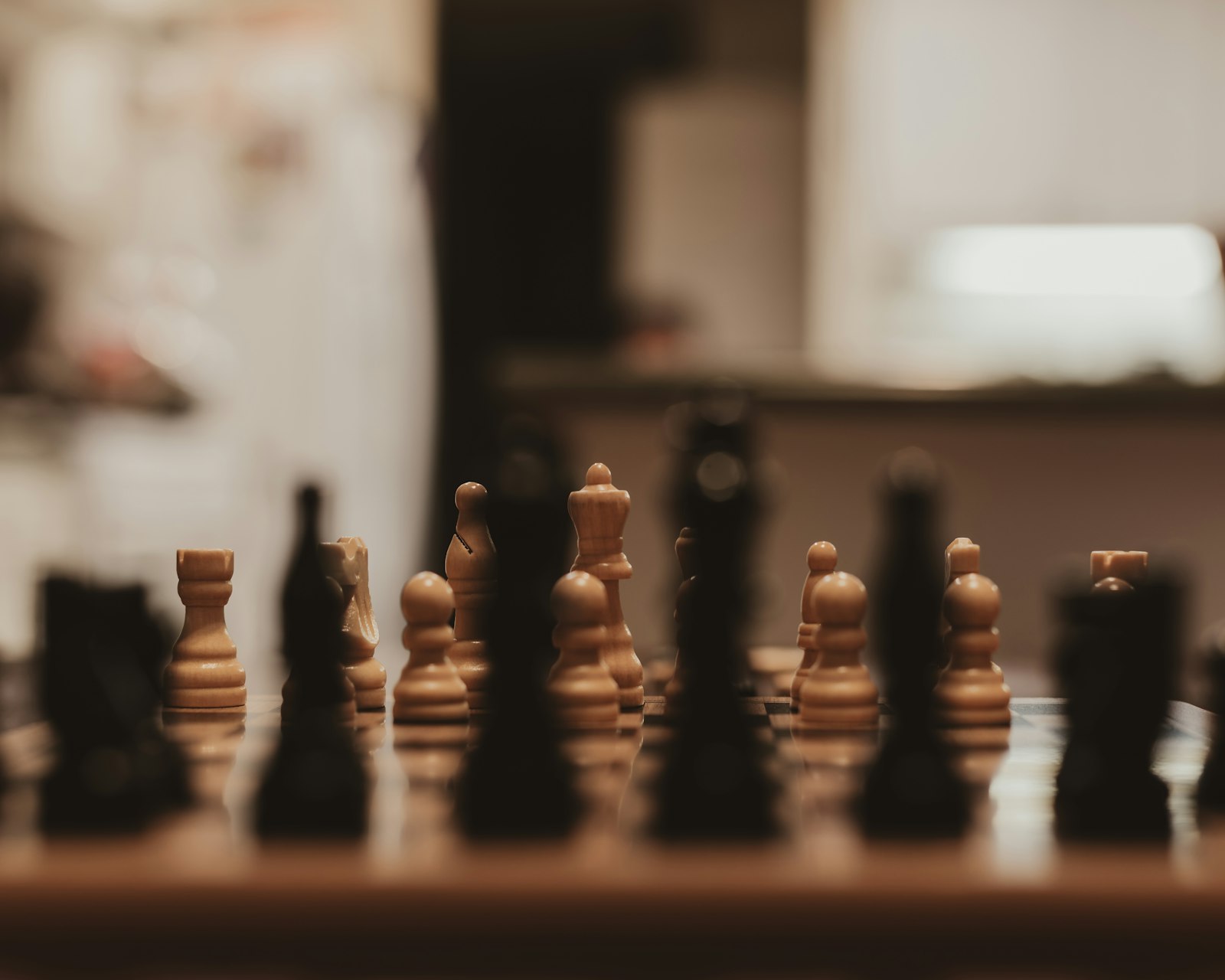 Close-up of a full set of light and dark wooden chess pieces including rooks, knights, and a king lined up on a board