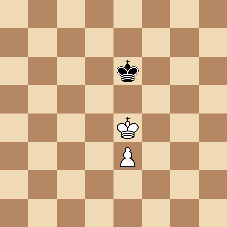 King-and-pawn endgame study position — White king on e4, pawn on e3, Black king on e6. The fundamental endgame every improving player must master.