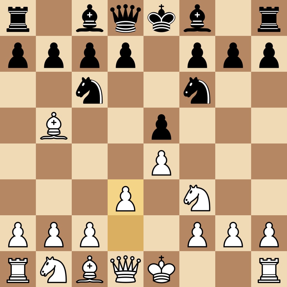 Chess board showing the Anti-Berlin after 1.e4 e5 2.Nf3 Nc6 3.Bb5 Nf6 4.d3, with White's pawn on d3 defending e4