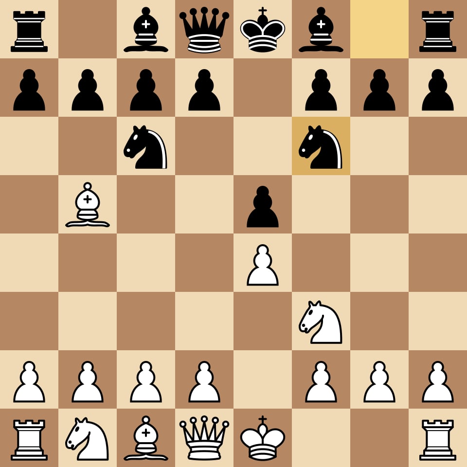 Chess board showing the Berlin Defense after 1.e4 e5 2.Nf3 Nc6 3.Bb5 Nf6, with Black's knight on f6 attacking the e4 pawn