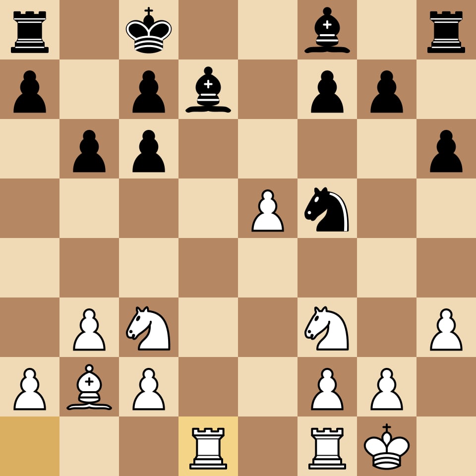 Chess board showing the position from Kasparov versus Kramnik, London 2000 game 1, after White's thirteenth move Rad1, with Black's king on c8 and bishop on d7