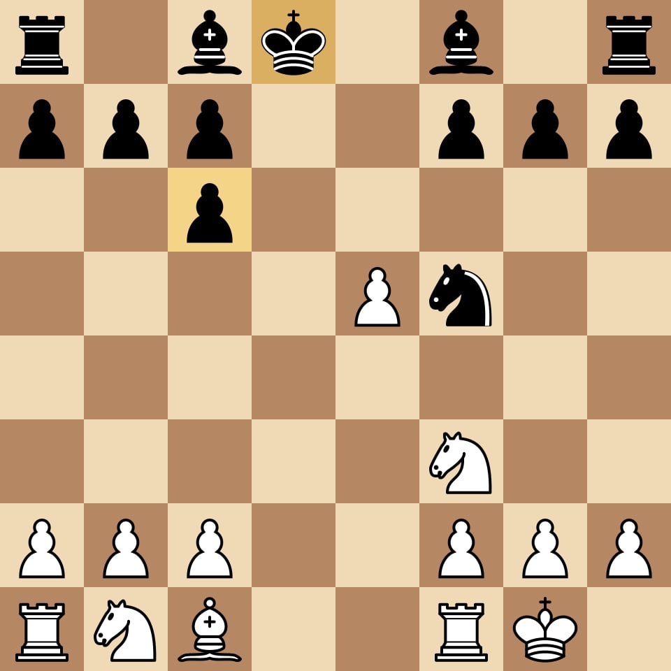 Chess board showing the Berlin Wall endgame after 8.Qxd8+ Kxd8, with Black's king on d8, doubled pawns on c6 and c7, and a knight on f5