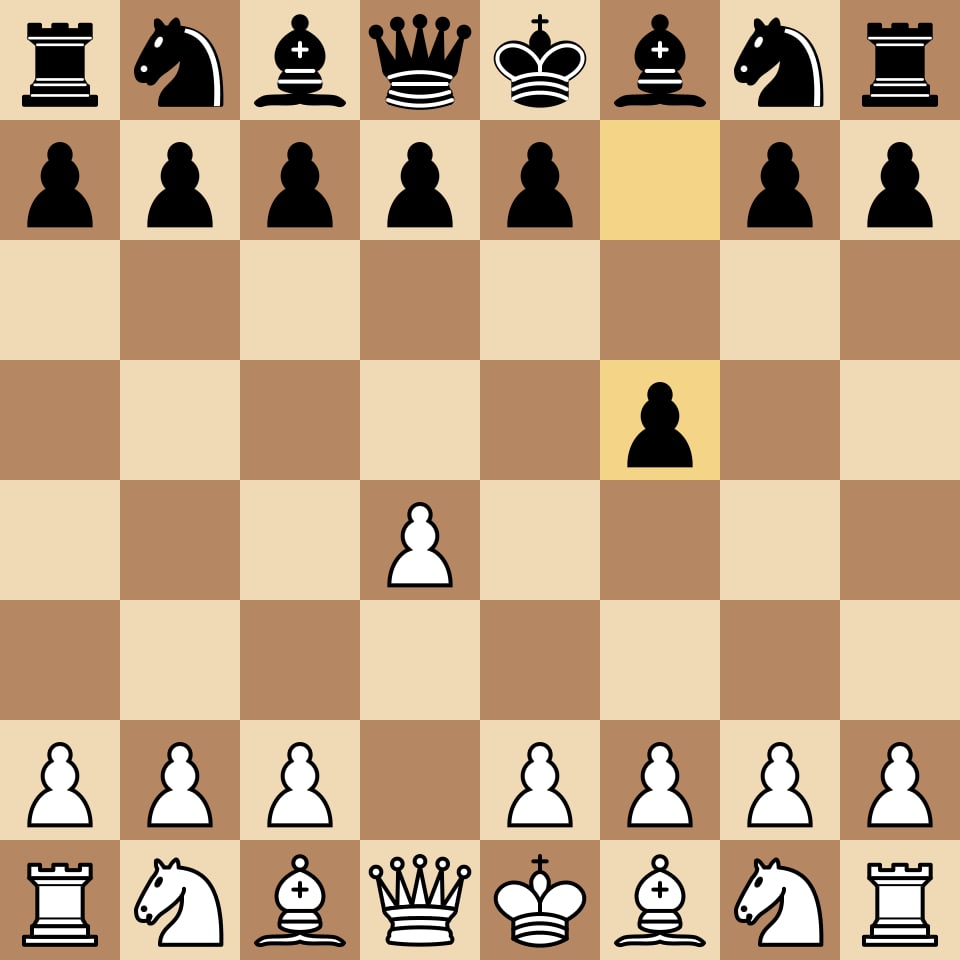Chess board showing the Dutch Defense after 1.d4 f5, with Black's f-pawn advanced two squares and the e8 to h5 diagonal opened