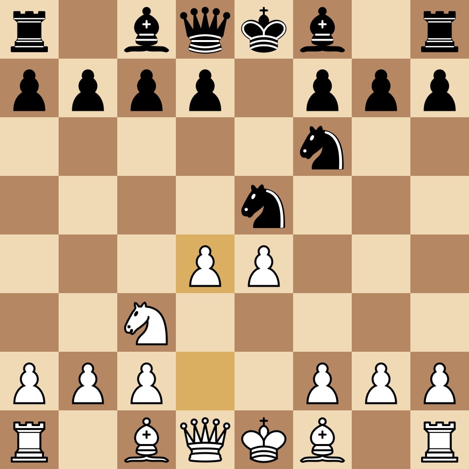 Chess board showing the Halloween Gambit after 4.Nxe5 Nxe5 5.d4, with White having given up a knight for a pawn and two centre pawns advanced