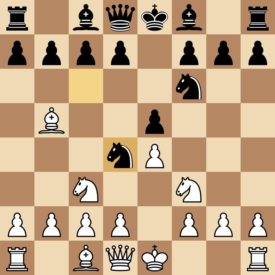 Chess board showing the Rubinstein Variation after 4.Bb5 Nd4, with Black's knight jumping to d4 instead of defending